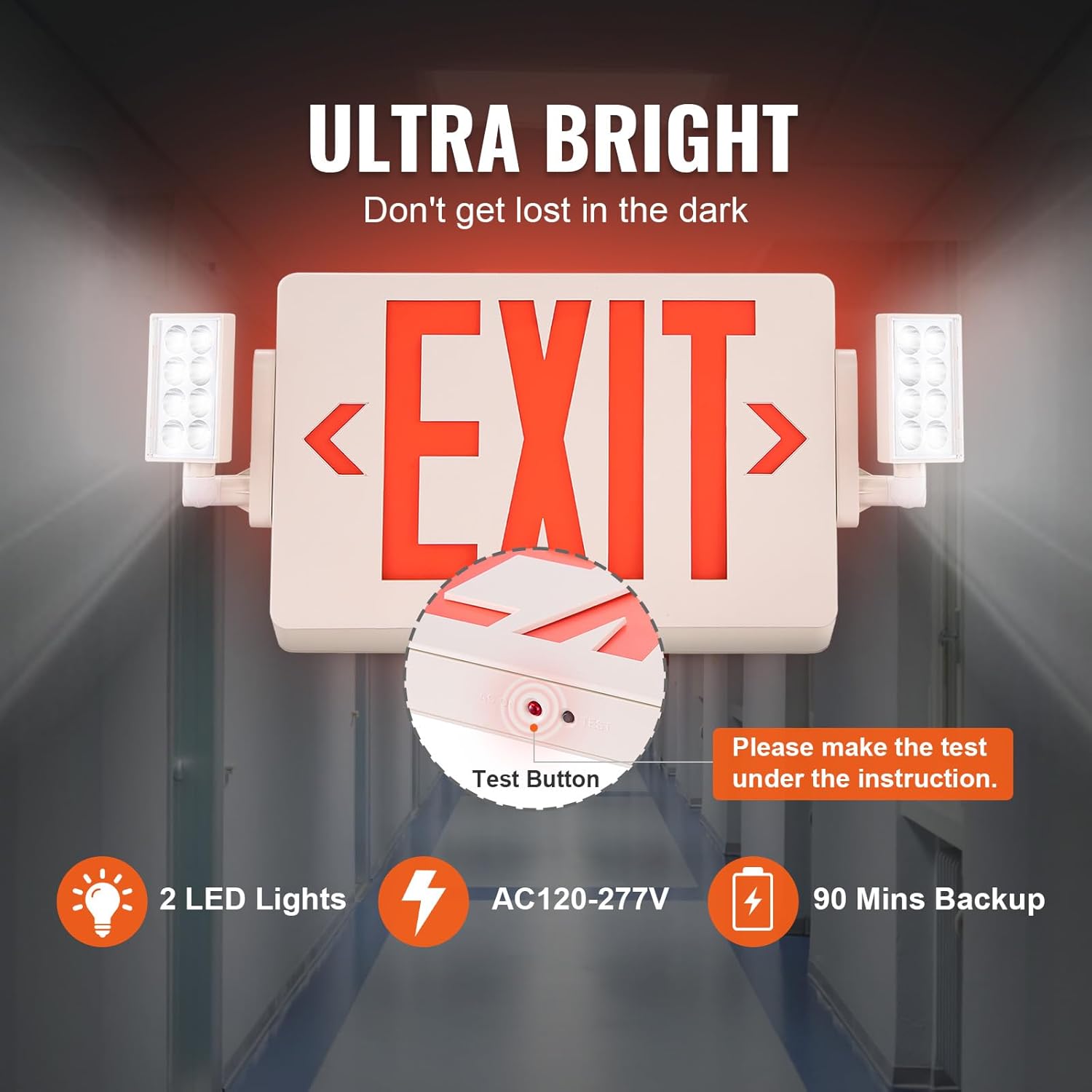 VEVOR LED Exit Sign with Emergency Lights, Two Heads Emergency Exit ...